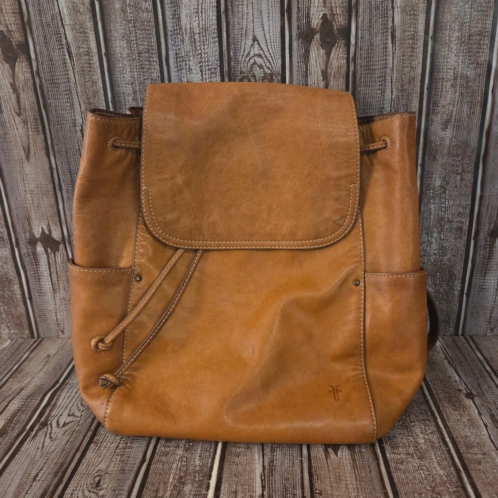 Frye Olivia Tan Brown Leather Drawstring Backpack Purse Bag Pen Marks VGUC